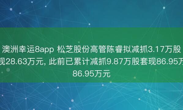 澳洲幸运8app 松芝股份高管陈睿拟减抓3.17万股套现28.63万元， 此前已累计减抓9.87万股套现86.95万元