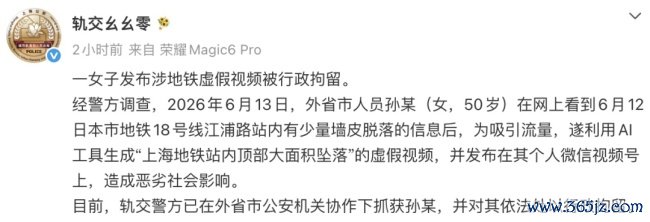 诽谤“上海地铁顶部陨落”者被拘
